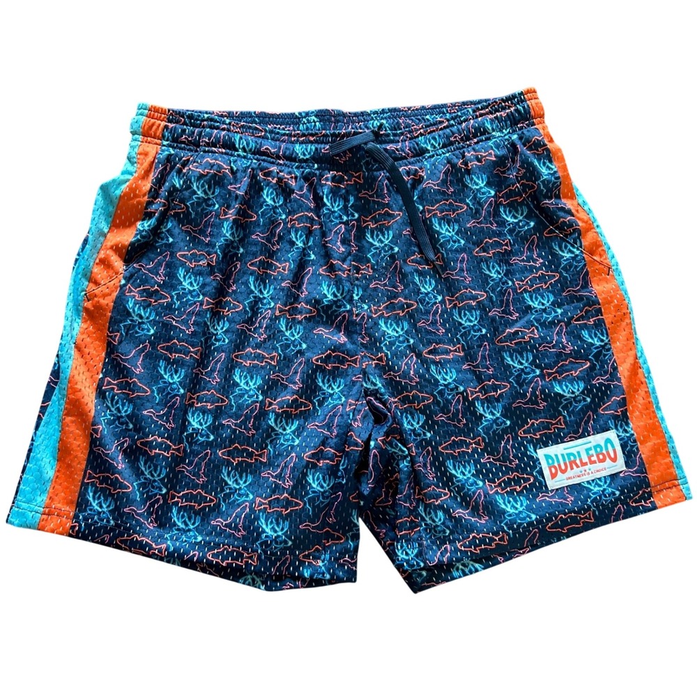 Burlebo Performance Mesh Shorts Mens Navy Neon Fish Deer Antler Print Size M